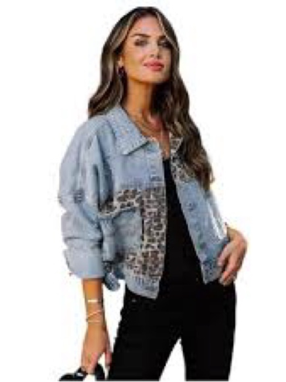 Women’s Light Blue Denim Jacket with Leopard Panel